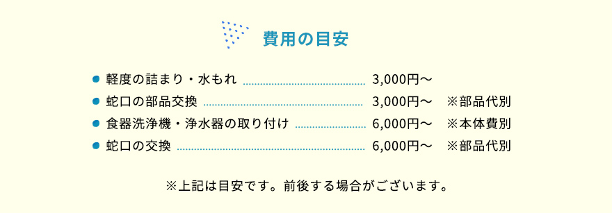 軽度の詰まり・水もれ、蛇口の部品交換、食器洗浄機・浄水器の取り付け、蛇口の交換