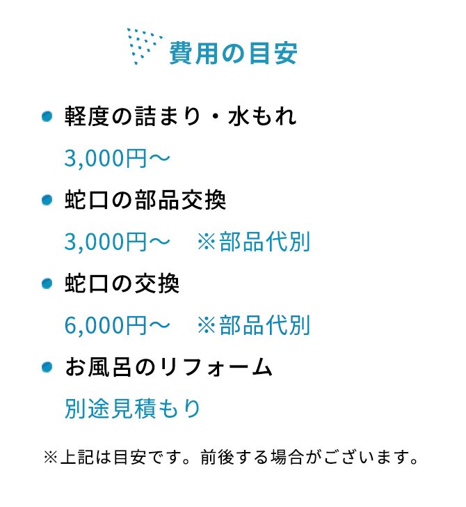 軽度の詰まり・水もれ、蛇口の部品交換、蛇口の交換、お風呂のリフォーム