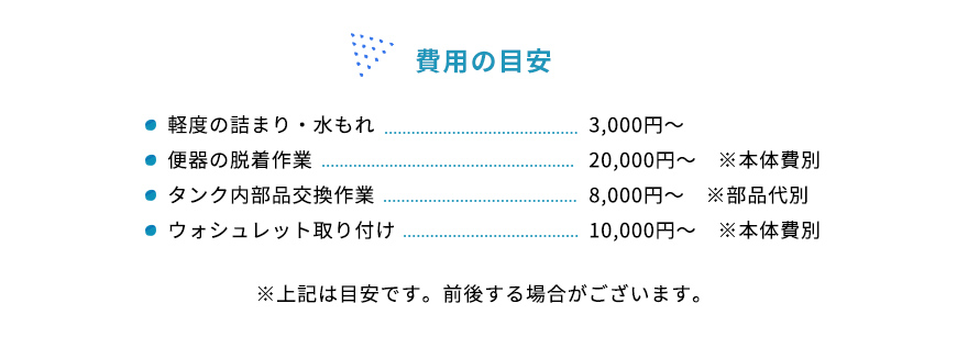 軽度の詰まり・水漏れ、便器の脱着作業、タンク内部品交換作業、タンク内部品交換作業、ウォシュレット取り付け