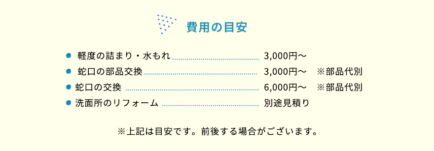 軽度の詰まり・水もれ、蛇口の部品交換、蛇口の交換、洗面所のリフォーム